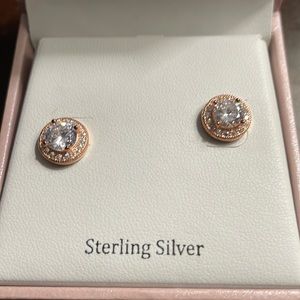 Sterling silver/rose gold, cz halo earrings. In box, never worn.